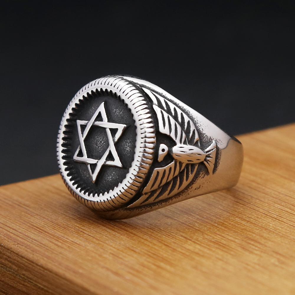 Vintage Punk Davidster Ring Hip Hop Biker Roestvrij Staal Hexagram Met Adelaars Ringen Voor Mannen Vrouwen Amulet Sieraden