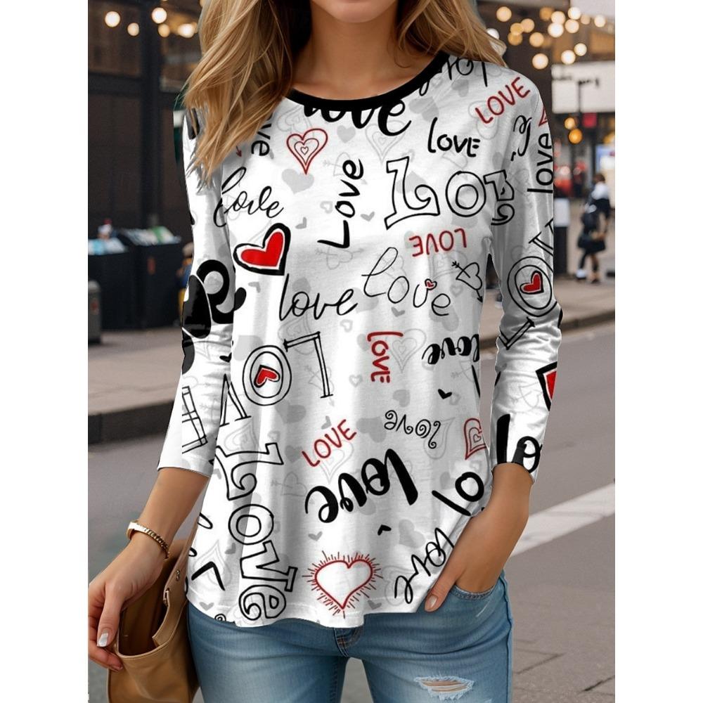 Women's T-shirt 3D letter poster printing fashion long sleeve round neck regular top holiday weekend spring and autumn