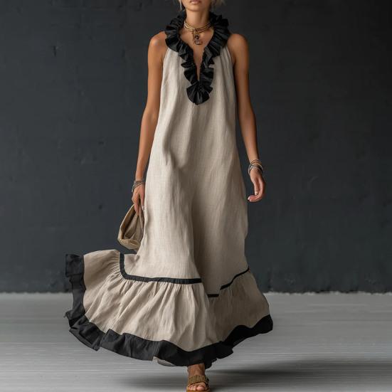 Women's Summer Halter Maxi Dress Ruffle Trim Sleeveless Flowy Long Dress Casual Beach Vacation Sundress
