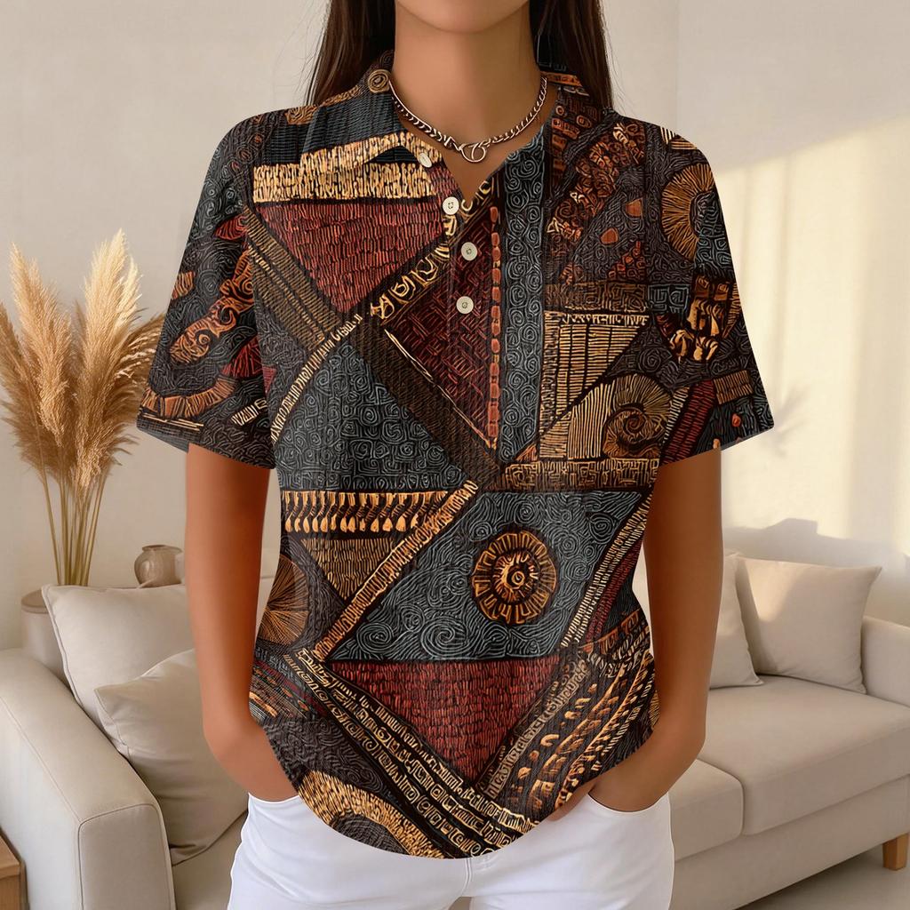 Damen Casual Kurzarm Waffelstrick Poloshirt Vintage Blumenprint Knopfleiste mit Kragen Oberteil Leichter Atmungsaktiver Stoff