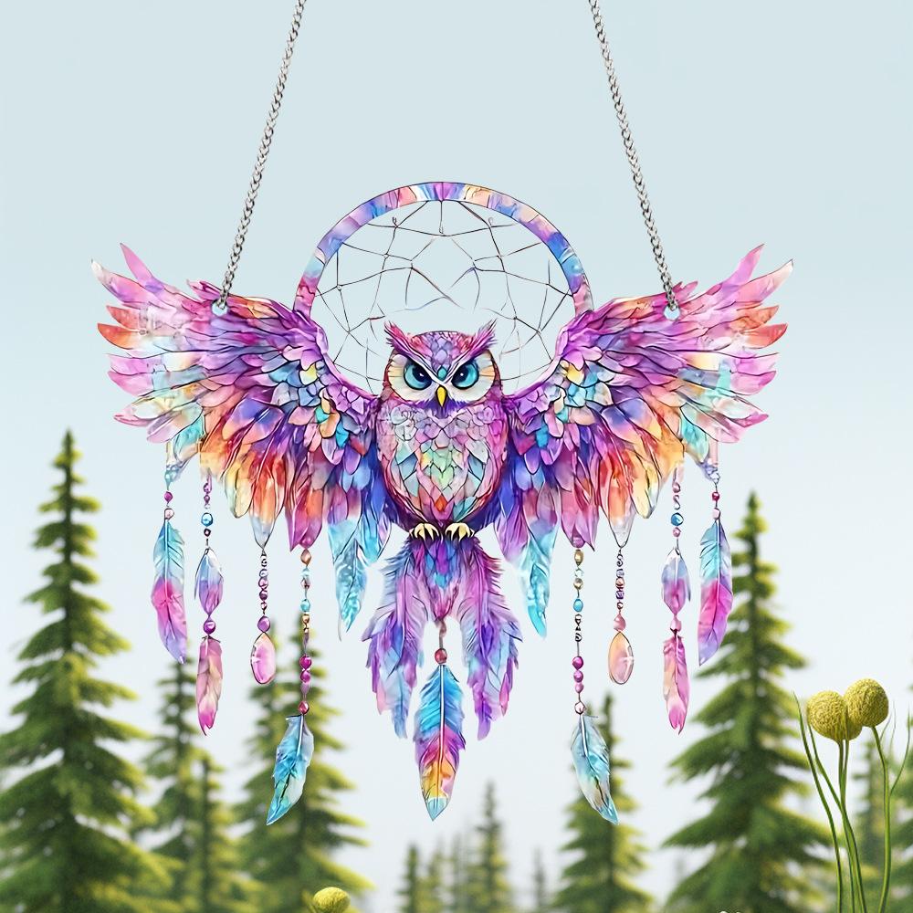 Colorful Owl Wind Chimes Acrylic Owl Dream Catcher With Feather Tassel Hanging Painting For Home Window Corridor Decorations Quality