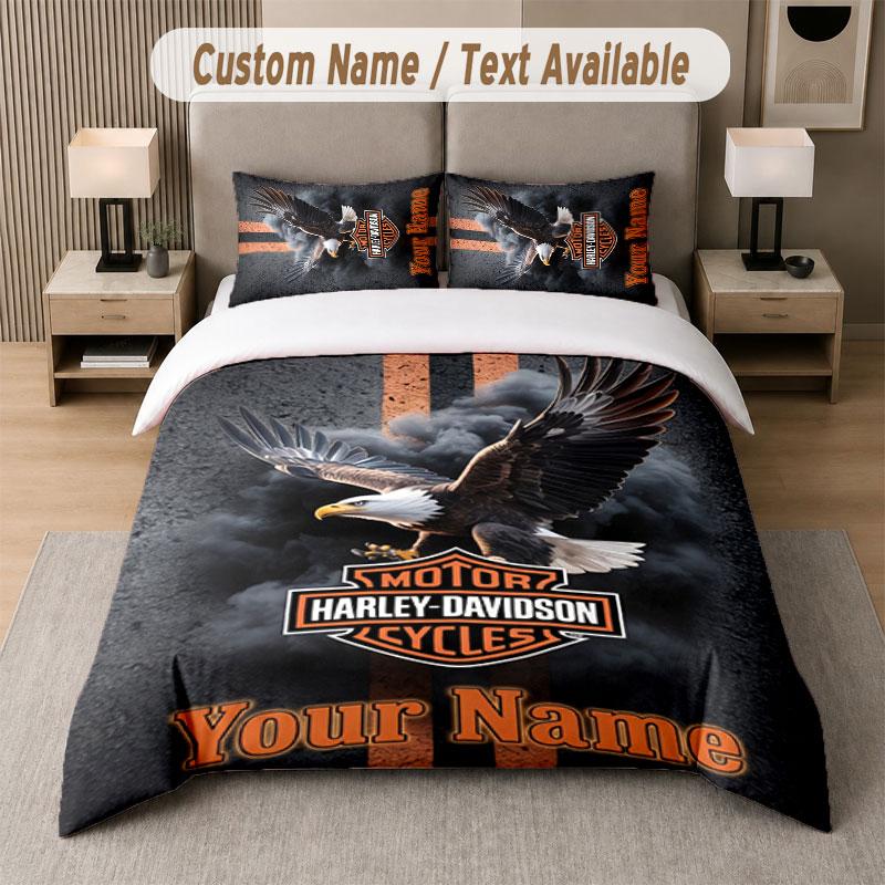 Set Biancheria da Letto Personalizzato Modello Harley-Davidson, Stampa Nome Testo 1 Copripiumino più 2 Federe Tessili per la Casa