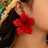 Exaggerated Metal Large Flower Stud Earrings for Women Vintage Red Drip Oil Petal Personality Earrings Party Zircon Accessories