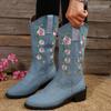Autumn Winter Middle Tube PU Leather Cowboy Boots For Women Cross-Border Large Size Embroidered Thick Heel Footstep Martin Boots 36-43