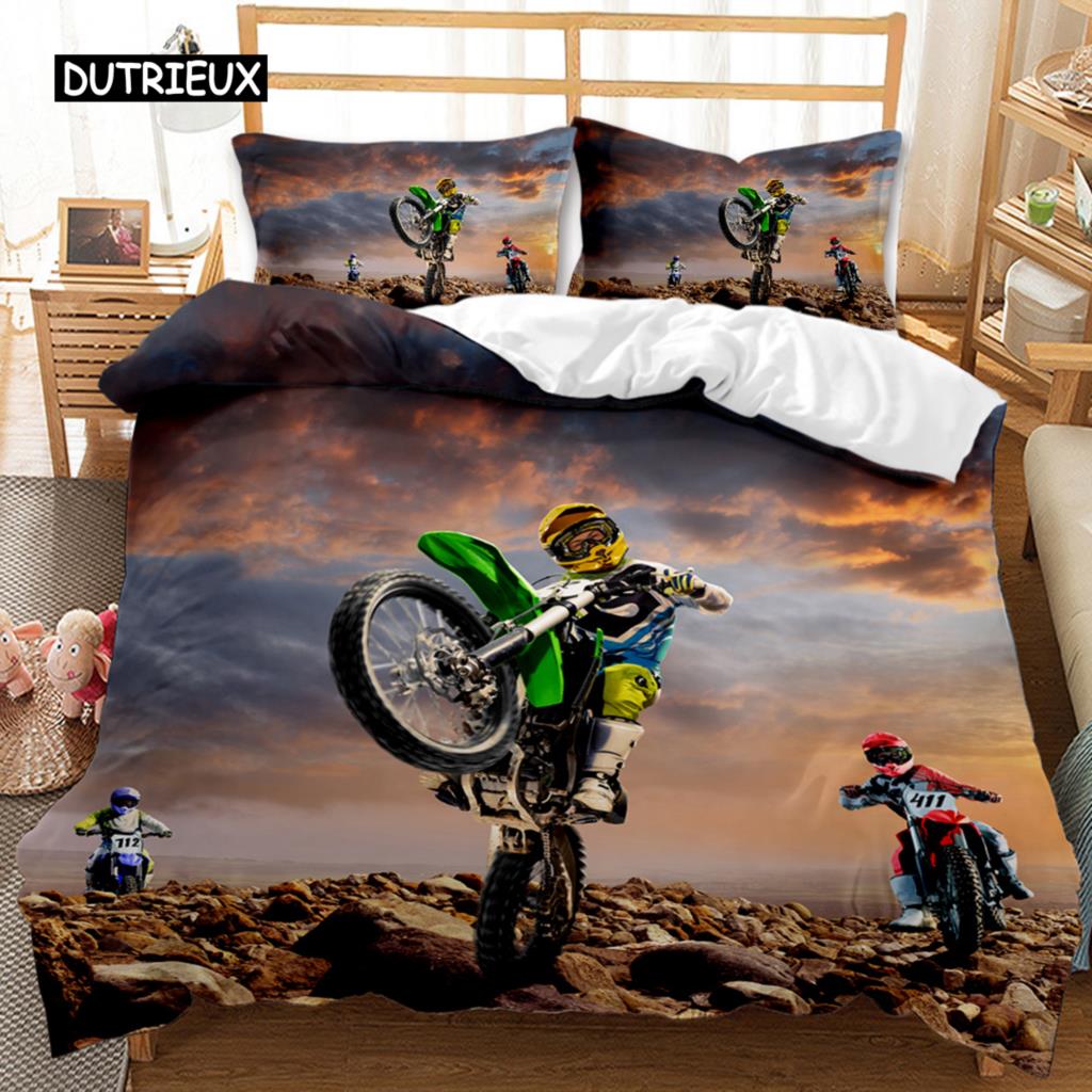 Motorbike Duvet Cover, Motocross Rider Teens Racing Motorcycle Dirt Bike Motorbike Vehicles Extreme Sports Quilt Cover