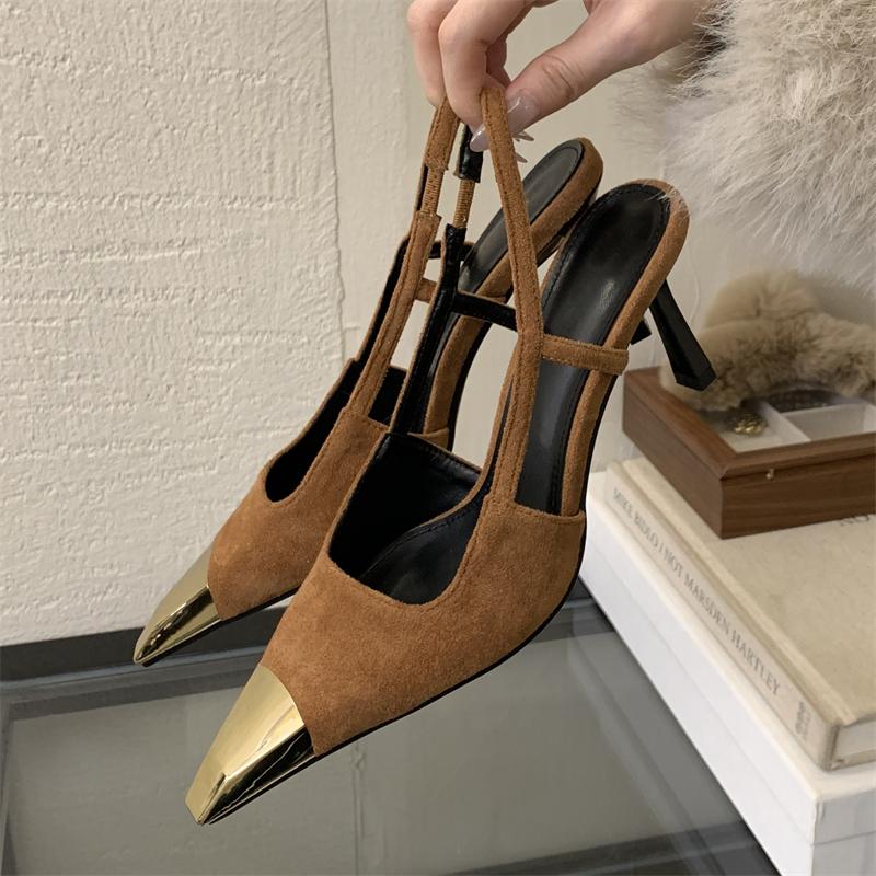Jarní designové úzké páskové lodičky Dámské Sexy Splicing Špičatá špička Tenké Nízké podpatky Banketové Nazouváky Boty Zapatos Mujer