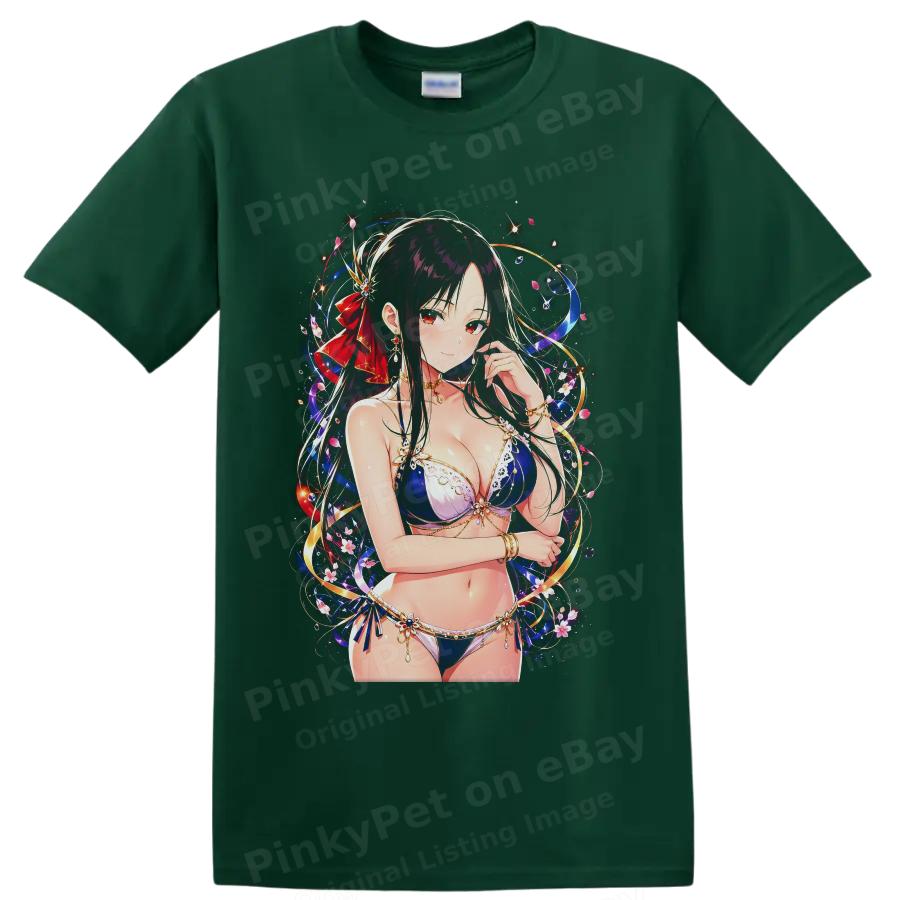 Anime Waifu Bikini T Shirt w/ Floral Ribbon Fantasy Art Graphic Sparkle Cute Tee