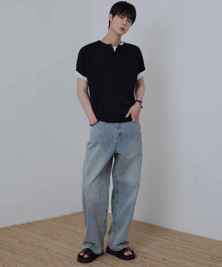 NODU Raglan Henley Neck Ribbed Crop Knit [Black]