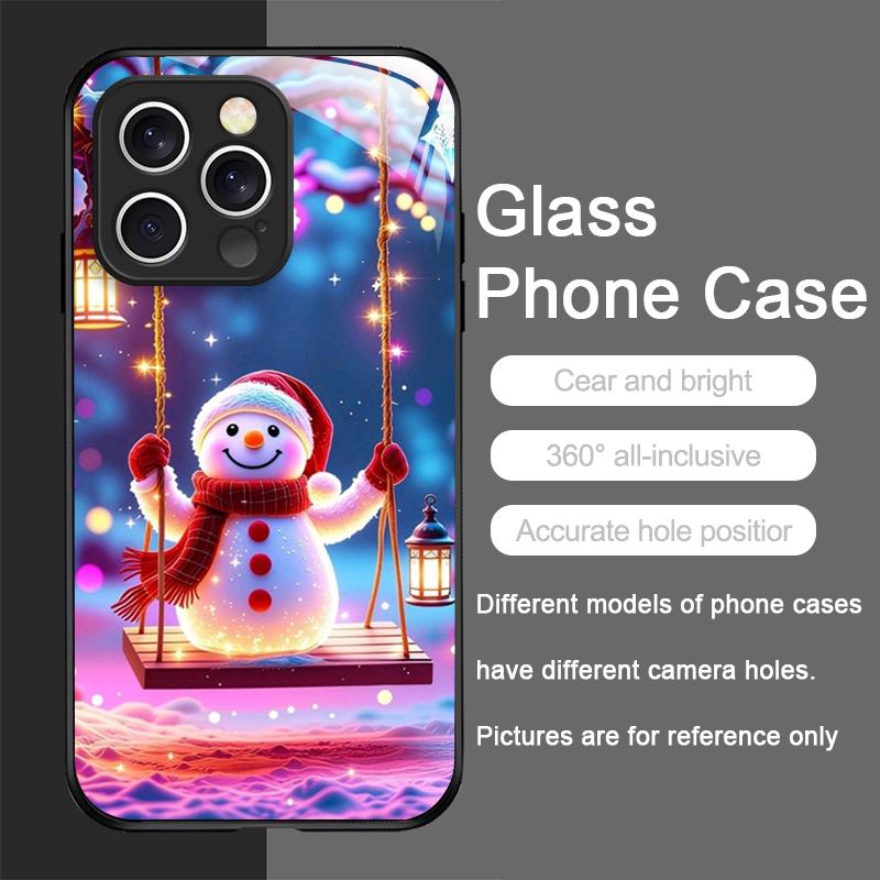 Custodia per Telefono in Vetro Temperato Carina con Pupazzo di Neve Invernale e Albero di Natale per iPhone 17 16 Pro Max 15 14 13 12 Mini 11 X XS XR 7 8 Plus Cover
