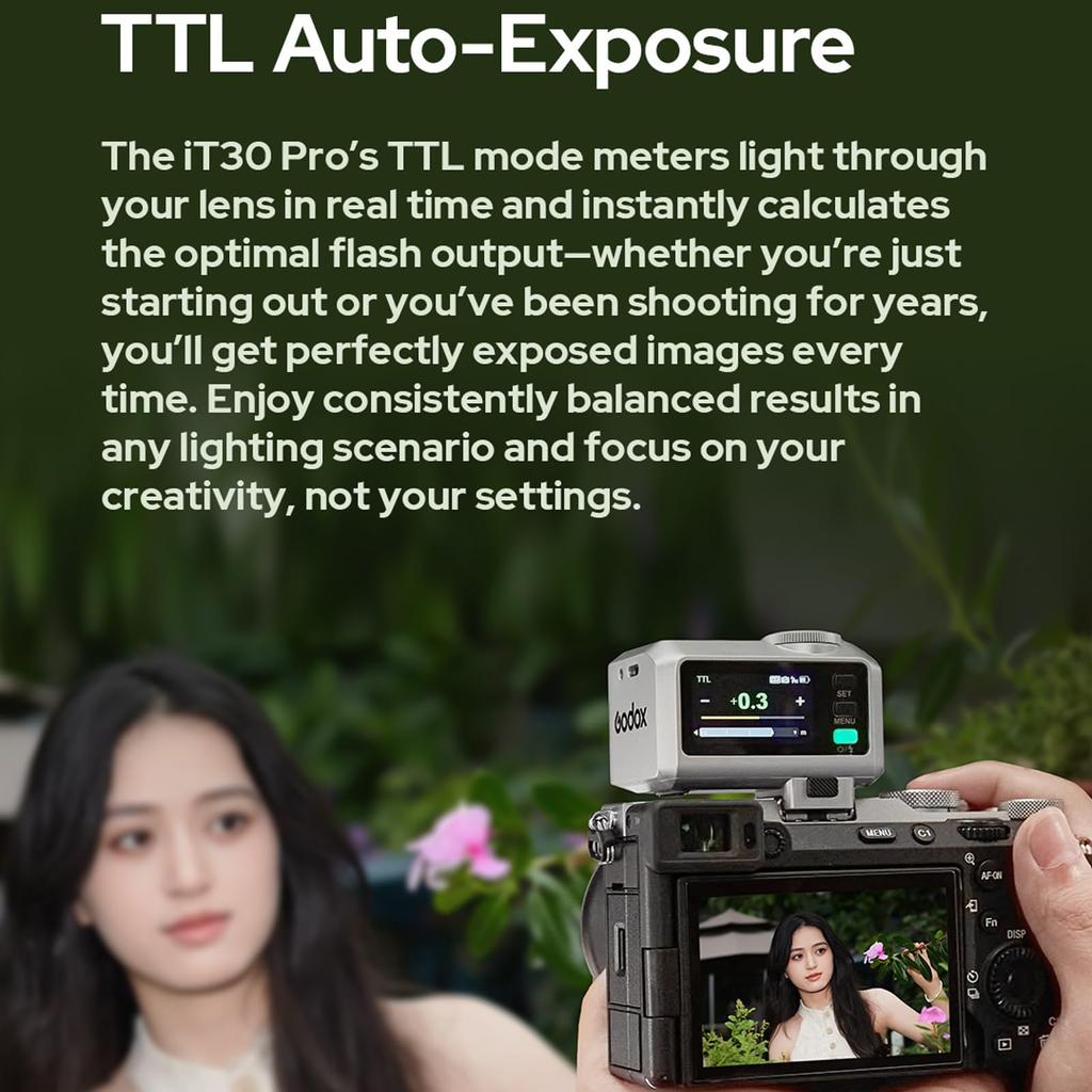 Godox IT30Pro S Ultralight Mini TTL HSS Touchscreen for Sony Cameras Flash, 2.4GHz Wireless, 1/8000s, Built-in Diffuser, (Silver)