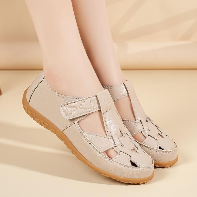 35-44 Summer Large Size Women's Sandals Women's Closed Toe Beach Shoes Genuine Leather Sandals Plus-size Perforated, Breathable Flat Women's Shoes