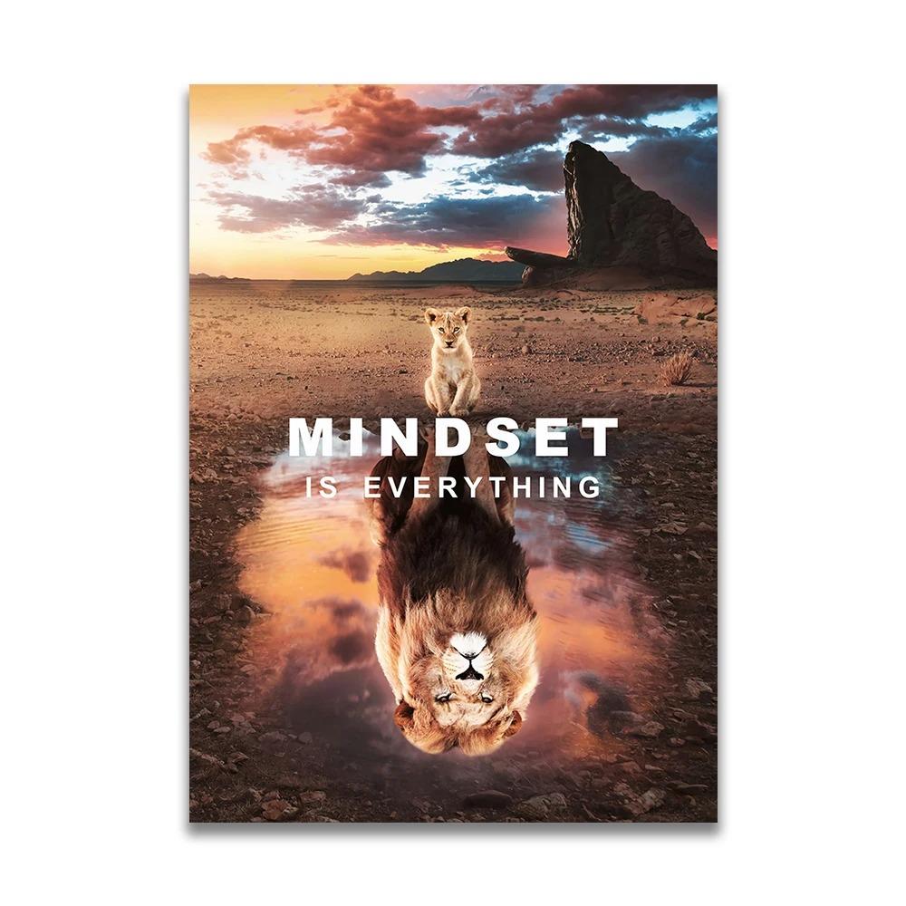 1pc Frameless Canvas MINDSET IS EVERYTHING Motivational Poster Lion Tiger Wolf Animal Wall Art Canvas Print Fo