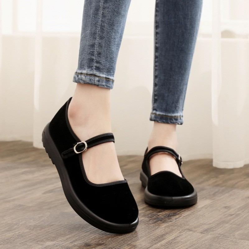 Cloth Shoes Women's Soft Sole Comfortable Velvet Black One-word Buckle Hotel Waiter Cleaning Work Cloth Shoes