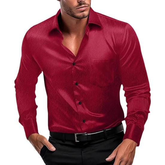 Men Glossy Dress Shirt Turndown Collar Button Down Shirt Long Sleeve Formal Shirt for Prom Party Dating Wedding