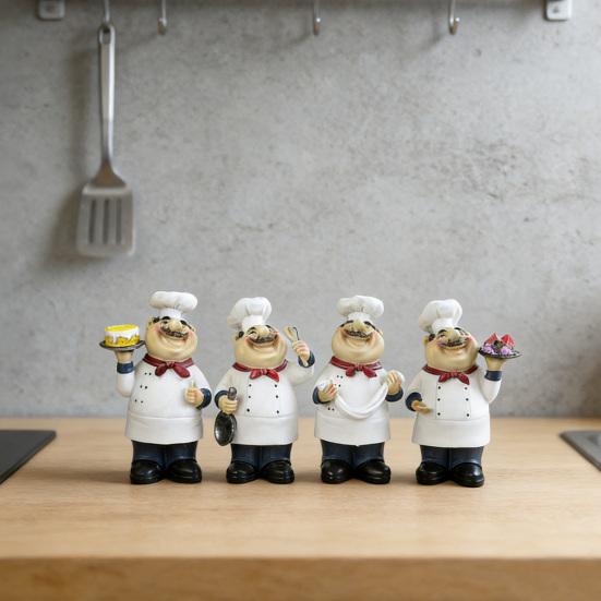 Cartoon Chef Figurine Hand-Painted Holding Fruit Plate Cake Noodles Spoon Chef Statue Sculpture Home Kitchen Dining Room Decoration Ornament