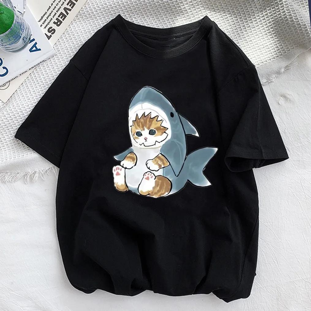 Μπλουζάκι με μπλουζάκι Γυναικείο 2024 Kawaii Cat Shark T-shirt Καλοκαιρινό κοντομάνικο μπλουζάκι μόδας της Κορέας Harajuku Αστείο γραφικό μπλουζάκι με ζώα