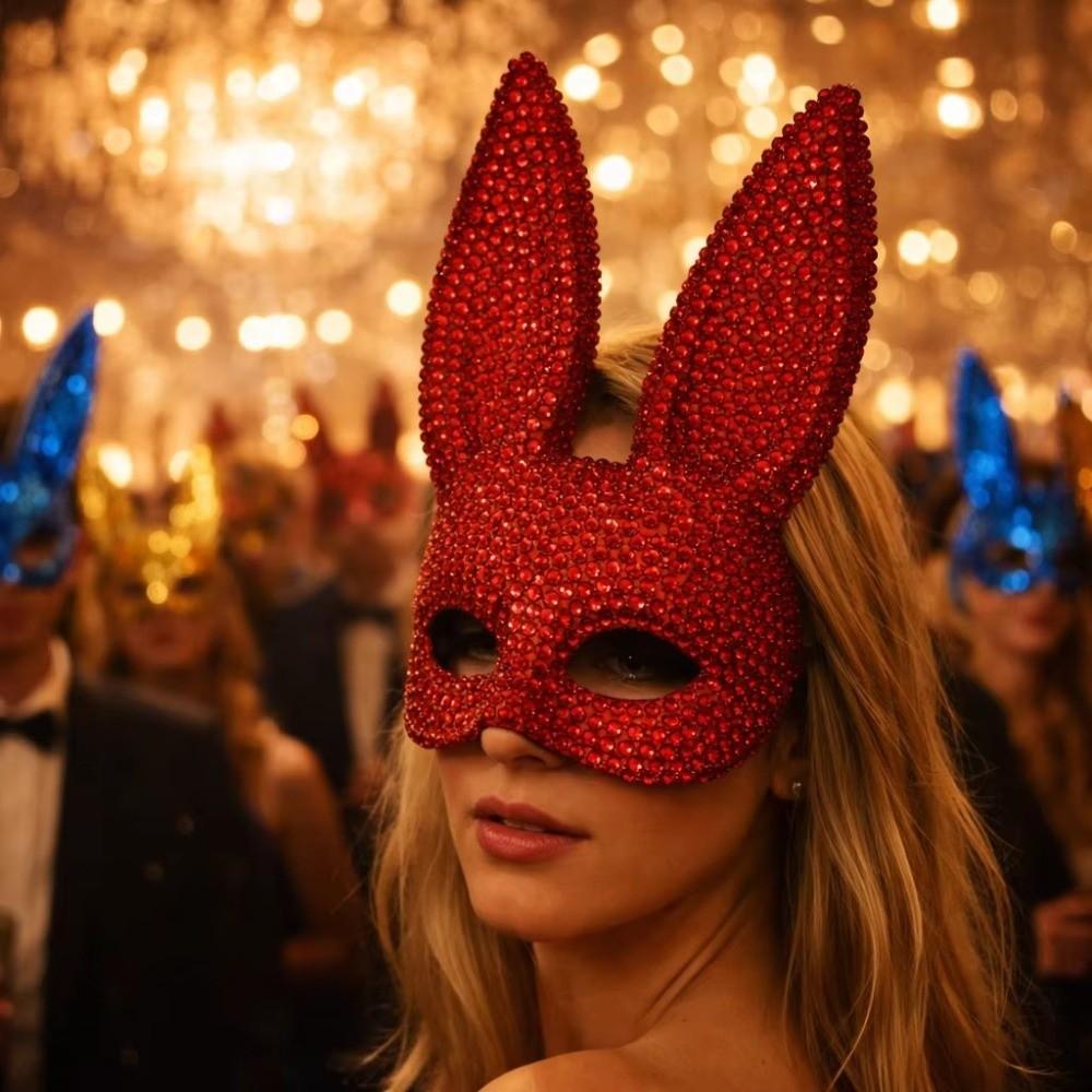 Full Acrylic Rhinestone Rabbit Ear Mask Crystal Studded Glitter Mask Party and Cosplay