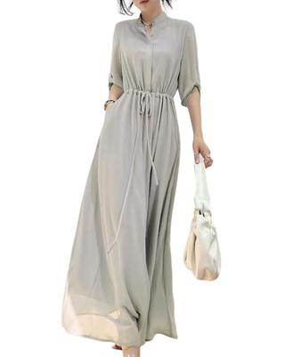 Maxi Dress for Young Lightweight and Elegant Long with Cute Autumn Clothing [Collecala] Women, Spring/Summer Wear, Style, Length, Pockets, Gray,