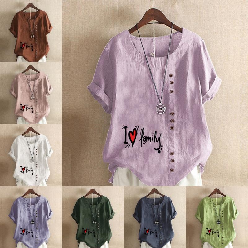 Women's Fashion Love Letter Prined Short Sleeve T-shirt Loose Cotton Shirt Casual Loose Summer Blouse Tops Plus Size
