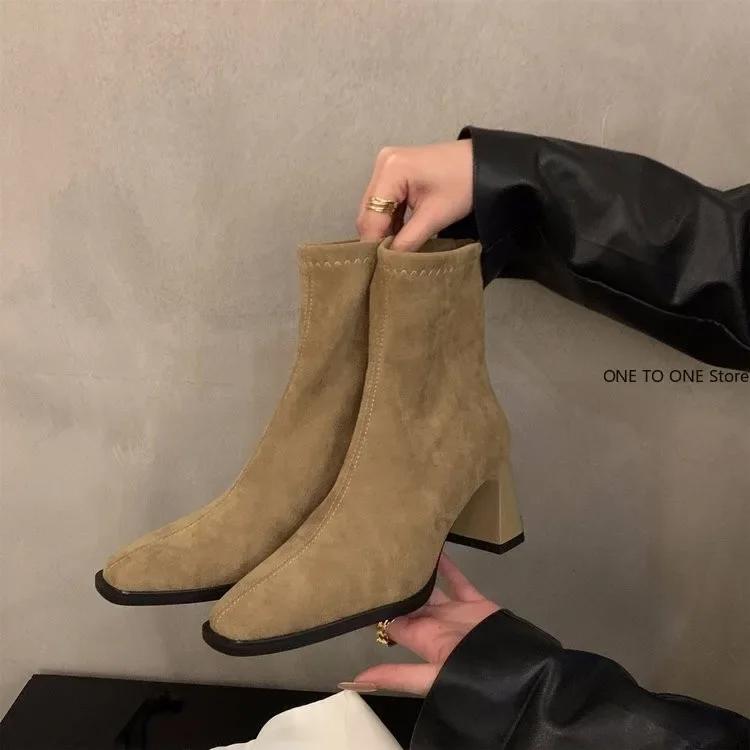 Fashion High Heels Women Snow Ankle Boots Suede Square Toe Shoes Winter Designer Chelsea Boots 2025 Trend Goth Gladiator Botas De Mujer