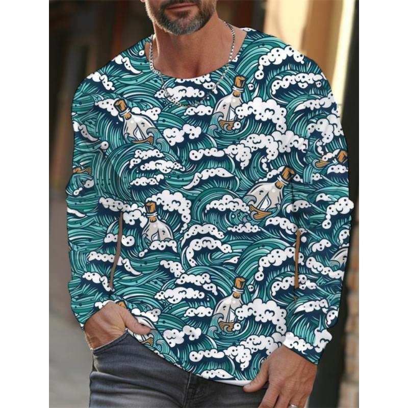 new men's Ukiyoe long-sleeved T-shirt 3D printing high-definition wave cat printing men's autumn casual round neck top