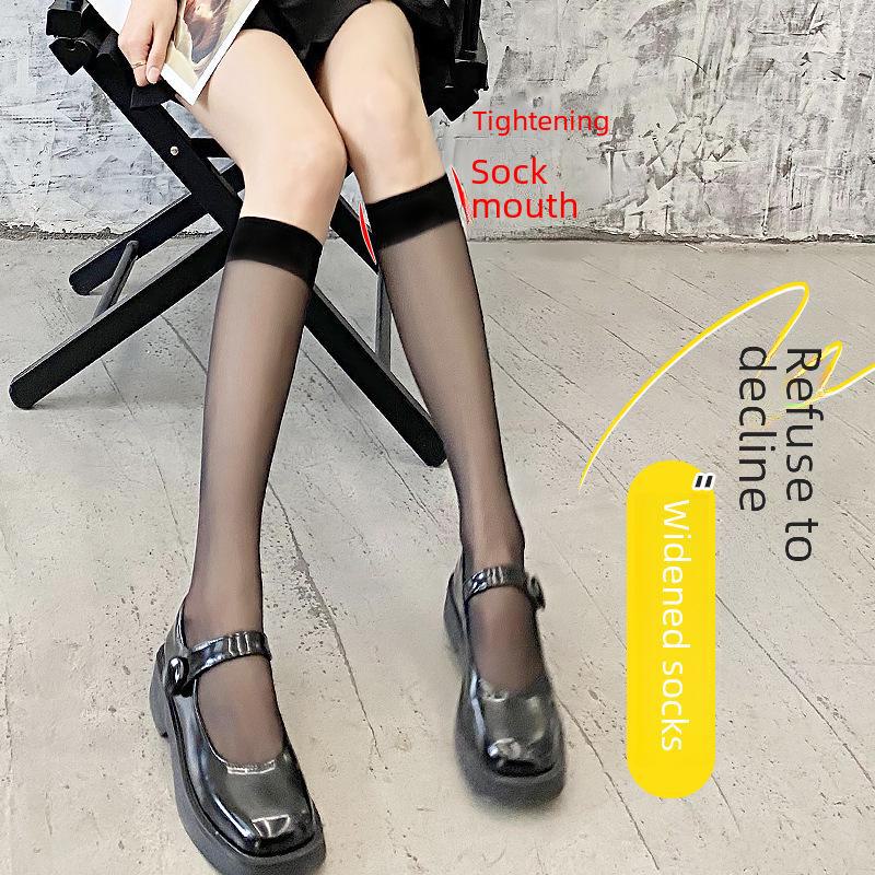 Dámské černé punčochy do půli lýtek Anti-Snag – trendy tenké letní ponožky nad kolena v japonském stylu