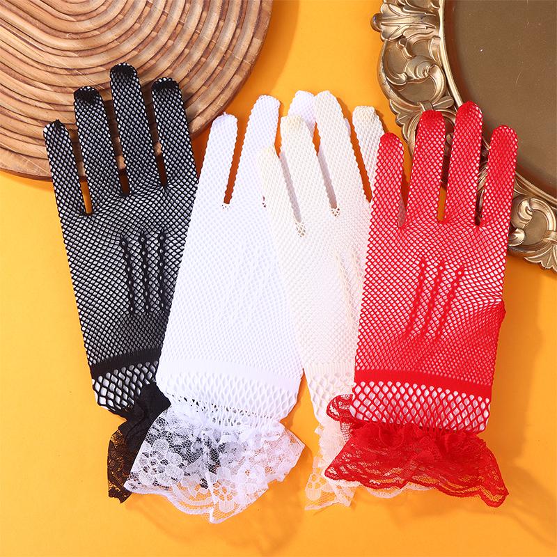 Elegant Short Lace Gloves for Women Sheer Fishnet Prom Party Fashionable Solid Color Full-Finger Mittens