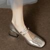 French Retro Silver Single Shoe Women's Thick Heel 2025 Spring and Autumn Square Toe Shallow Mouth Straight Buckle Shoes