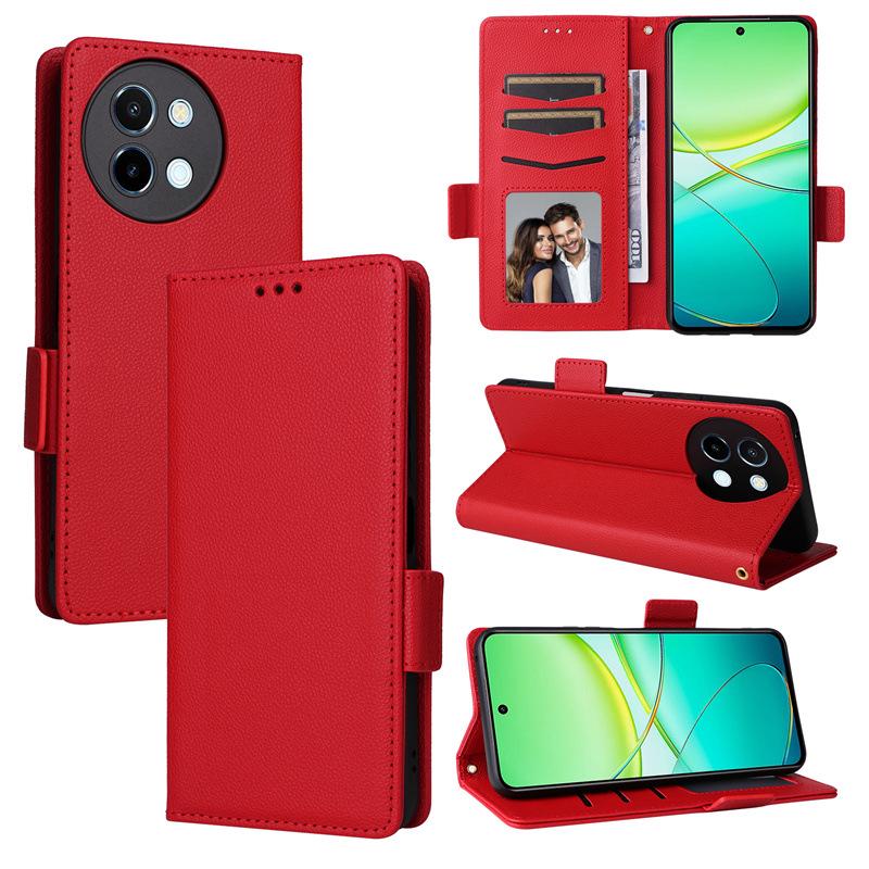 Compatible Leather Flip Case with Card Slot & Lanyard for VIVO Y38/Y58/Y200i 5G; Lychee Grain Design.