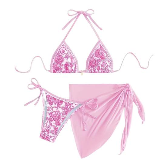 3Pcs/Set Swimsuit Set Halter Chest Pads No Steel Support Bra Swimming Briefs Cover Up Skirt Set Contrast Print Split Swimsuit