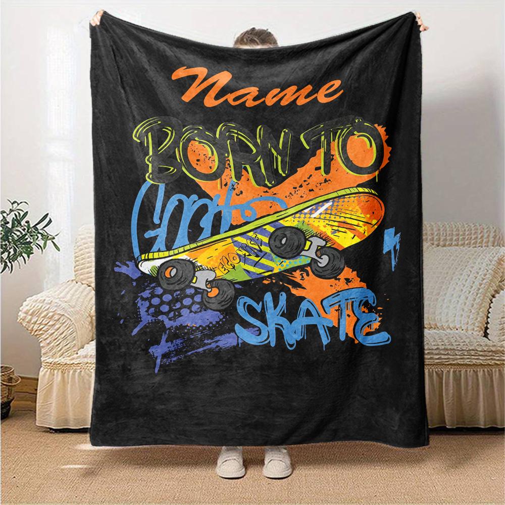Custom Name Skateboard Theme Printed Blanket - Perfect for Couch, Bed, Travel & Outdoor Use | Machine Washable, Cozy & Durable.