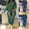 Women's 2 Piece Fake Denim Printed Outfits Long Sleeve Tops Bodycon Legging Pants Sets Sexy Party Clubwear Tracksuit