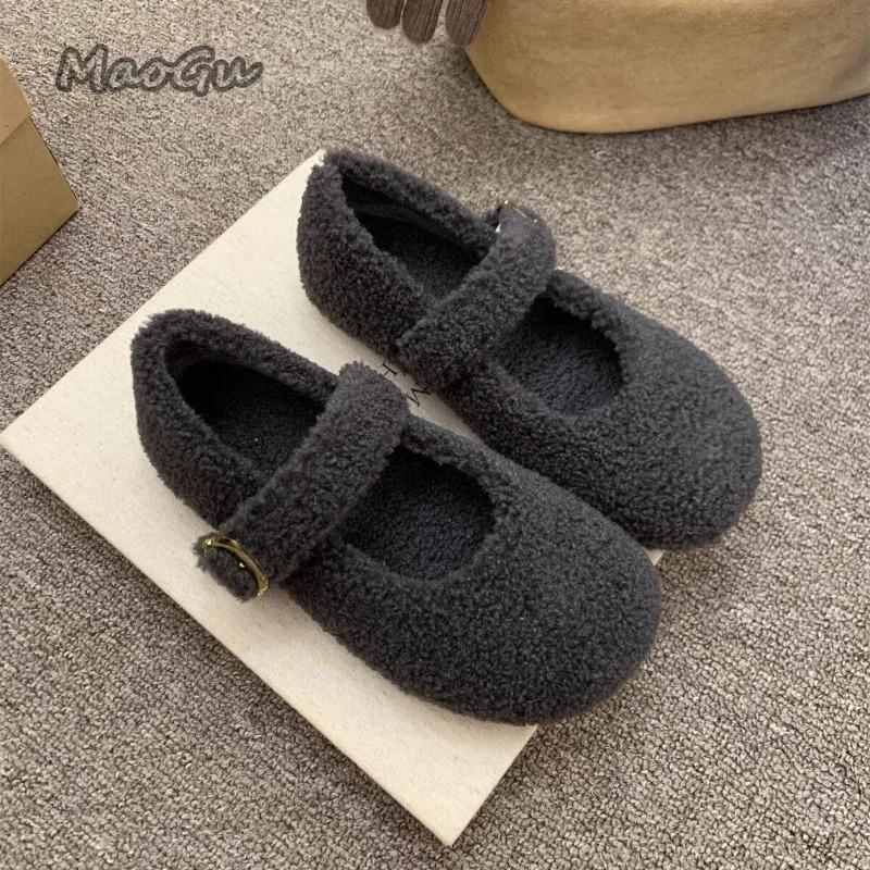 Autumn Winter Fur Footwear Women's Mary Jane Shoes Concise Warm Outdoor Low Hee Loafers Ladies Comfortable Cotton Flats Shoes