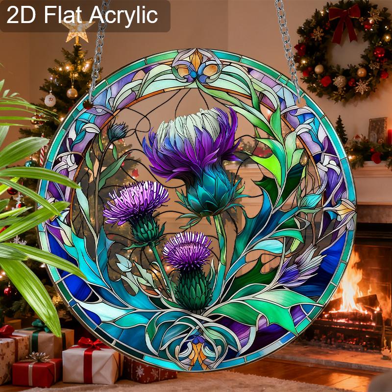 Attrape-soleil Fleur de Chardon Violet Acrylique Effet Vitrail Ornement Suspendu à la Fenêtre Cadeaux pour Amoureux des Fleurs