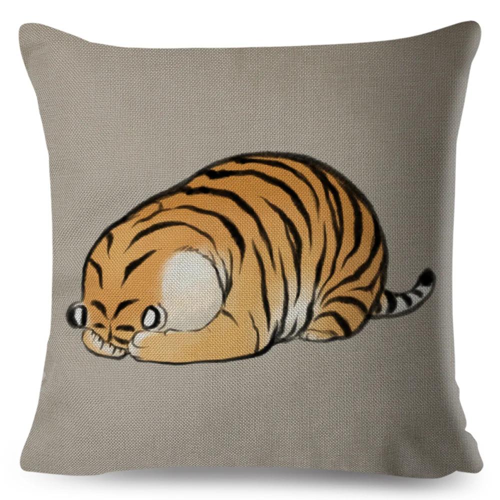Grappige dikke tijger kussenhoes, schattige cartoon dieren kussenhoes voor bank, huis, auto, linnen, Chinese inkt sierkussenhoes
