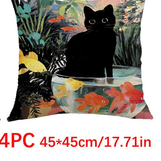 1/4 Stück 45x45cm Süße Schwarze Katze Goldfischglas Ölgemälde Stil Kissenbezüge Kissenbezug