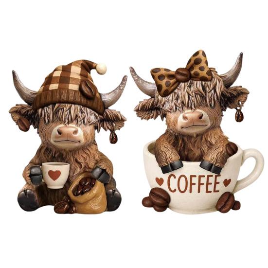 1/2Pcs Coffee Cup Highland Cow Figurine Coffee Bean Highland Cattle Resin Statue Sculpture Decoration Ornament Calf Lovers Gifts