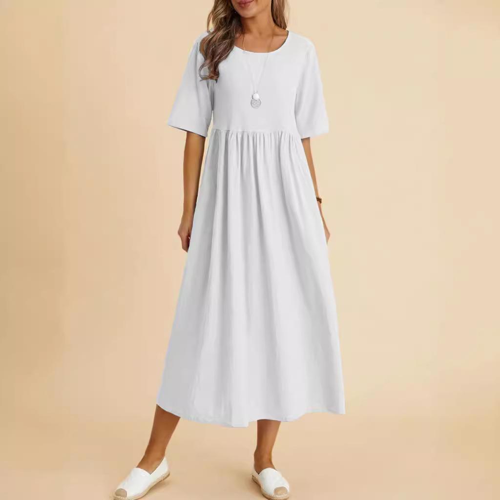 Summer Women Fashion Solid Color Dress Loose Cotton Linen Round Neck Dress Five Piece Sleeves