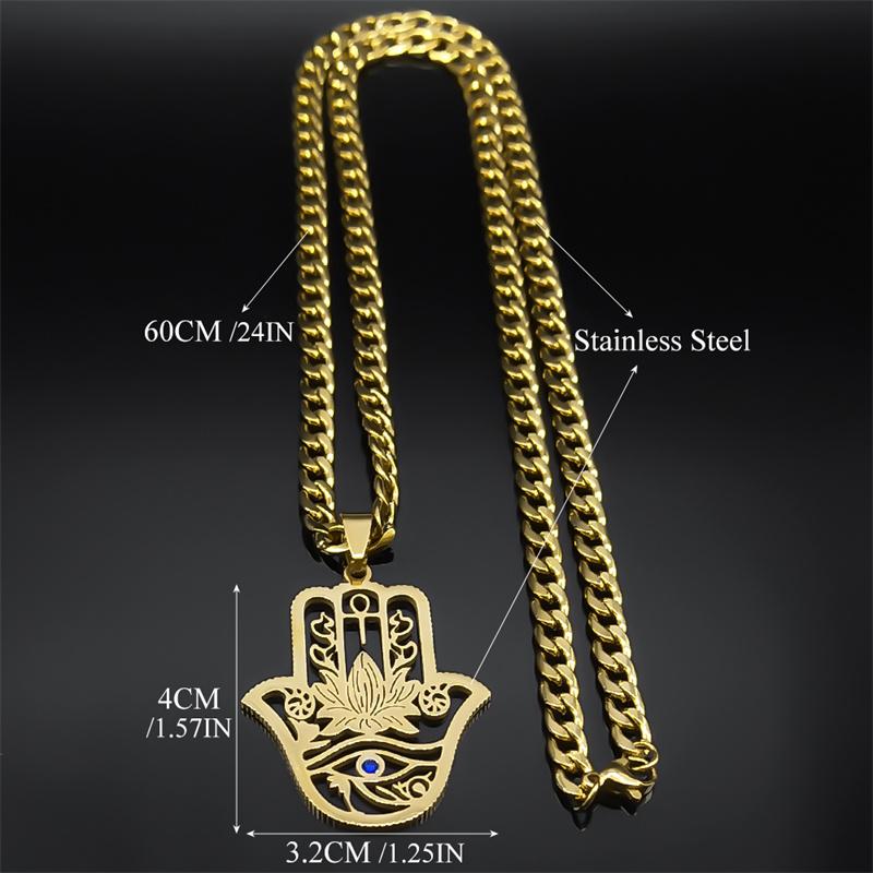 Lotus Hamsa Hand Necklace for Men Stainless Steel Gold Color Evil Eye Fatima Hand Blue Crystal Pendant Chain Jewelry 8075S05