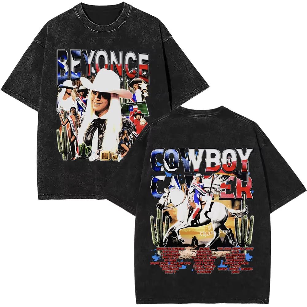 Singer Beyonce Pop Music Album Logo Washed Tshirt Cowboy Carter T Shirts Men Vintage Oversized Tee Shirt Casual Cotton Tshirts