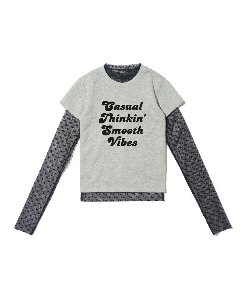 CARGOBROS FOR WOMAN Dot See-Through Long Sleeve Layered Casual Short Sleeve Tee Set (Black/Melange)