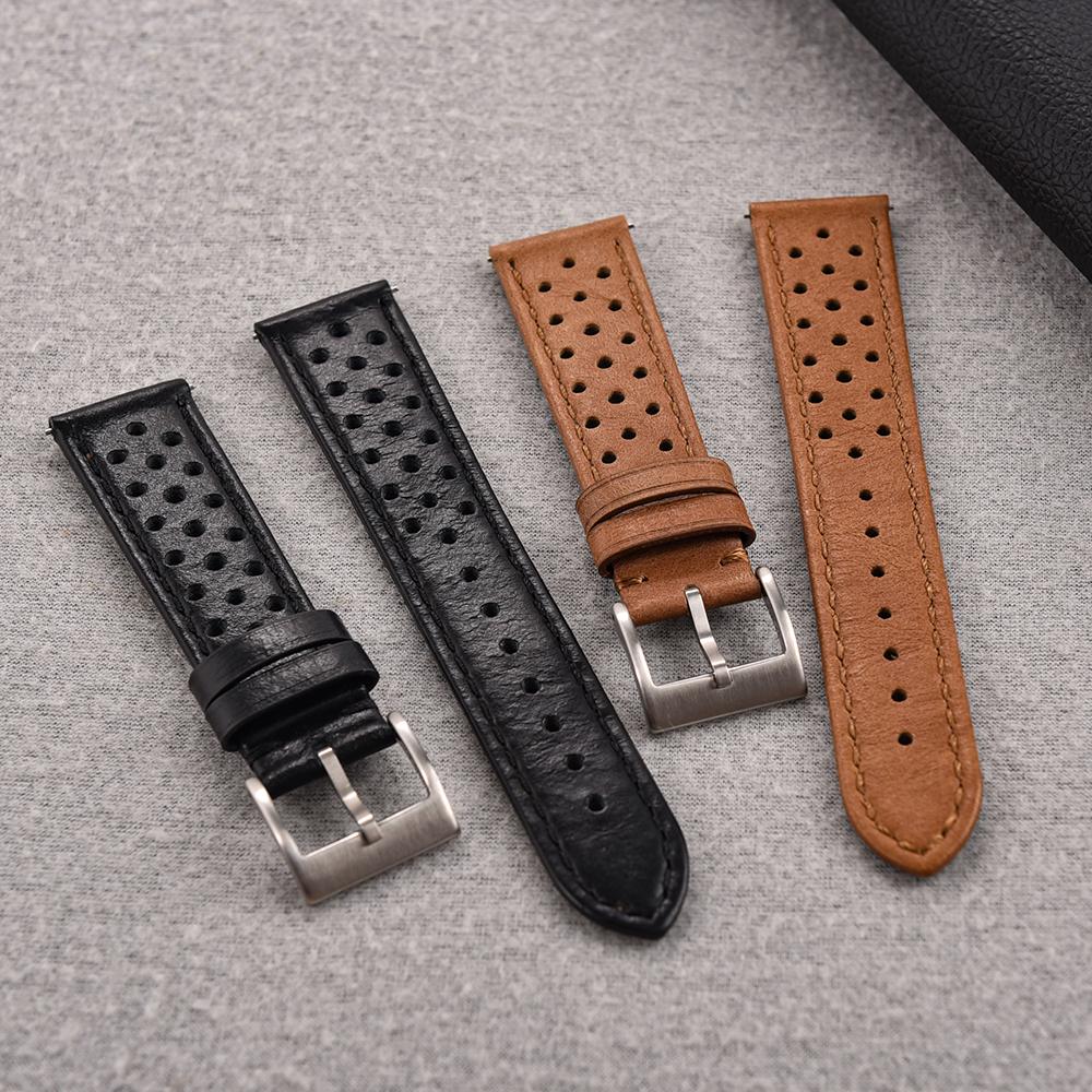 Perforated Breathable Handmade Leather Rally WatchBand 18mm 20mm 22mm Quick Release Watch Strap Black Brown Khaki Wristband Belt