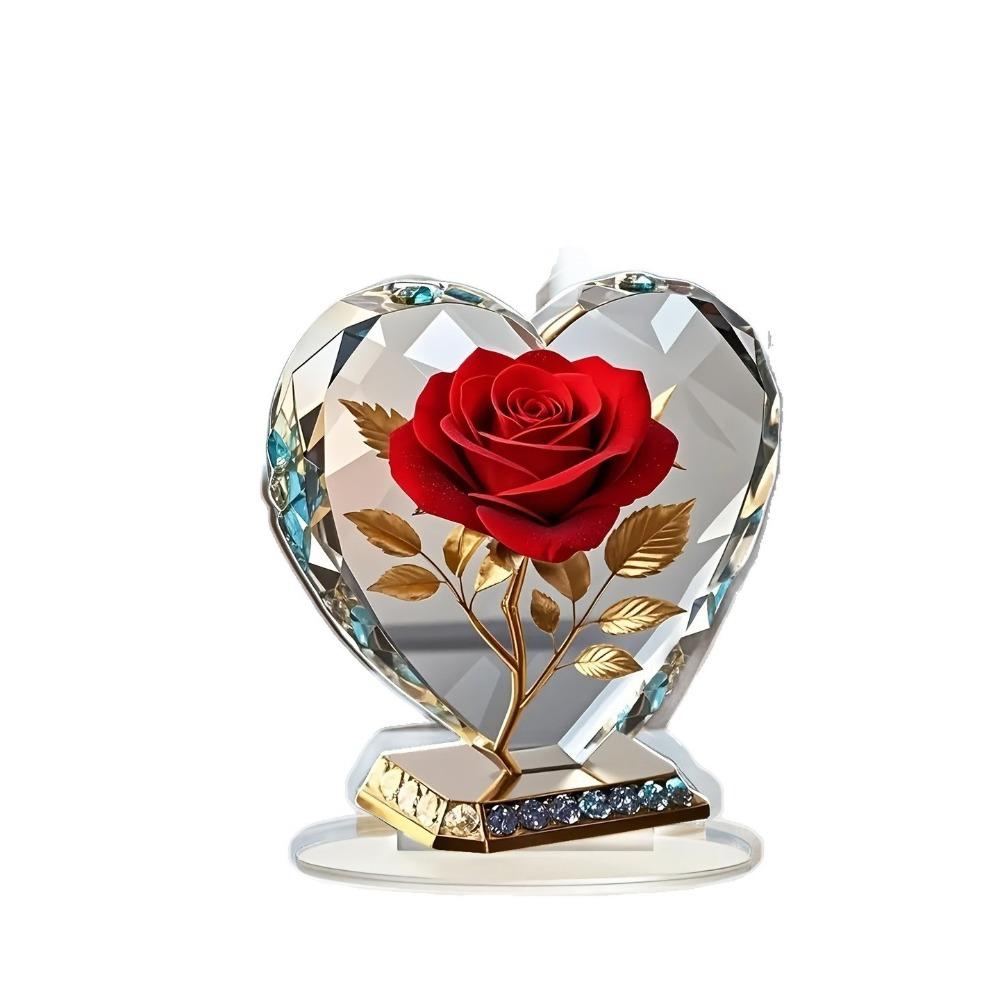 Elegant Red Roses Acrylic Heart Sculpture Heart Shape Gold Accents Heart Shaped Ornament Acrylic Love Keepsake Home Decor