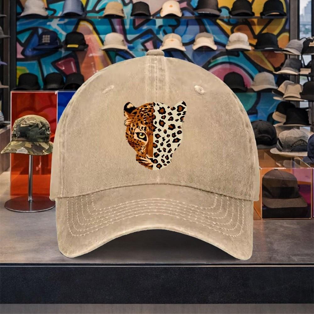 Leopard Half Face Print Baseball Cap Washed Denim Adjustable Snapback Hat for Unisex Outdoor Travel
