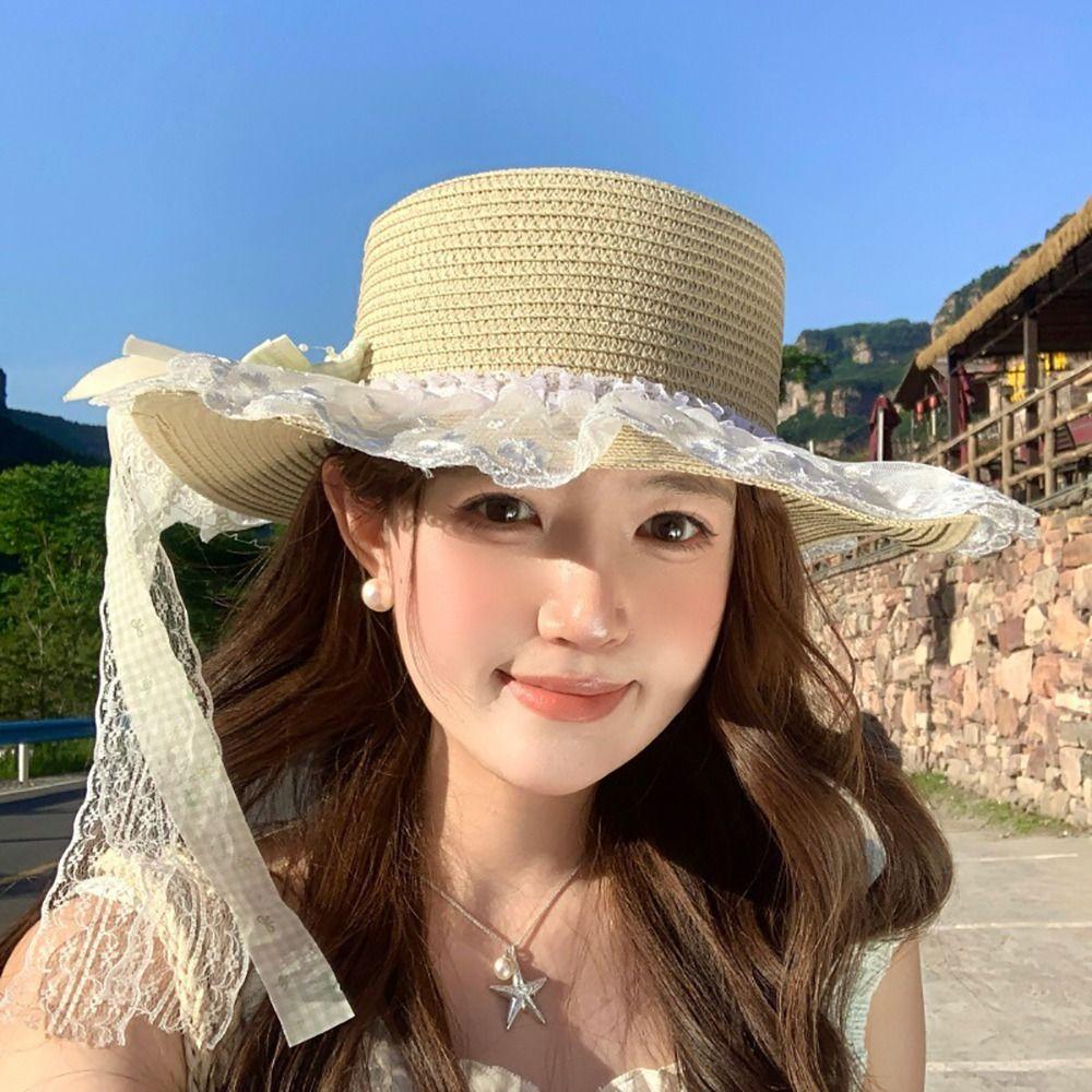 Flower Sun Hat Big Bowknot Wide Brim Hat Lolita Sun Protection Hat Sun Shading