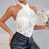 Specialty Lace Mesh Yarn Cross Neck Top Rhombus Fishbone Small Vest