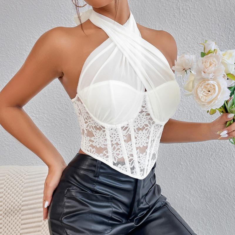 Specialty Lace Mesh Yarn Cross Neck Top Rhombus Fishbone Small Vest