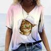 plus size 7XL Summer Women's T-shirt Retro 3D Printed Cat Pattern V-neck Top Short Sleeved Loose T-Shirts Women’s