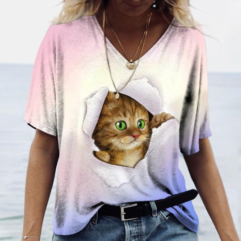 plus size 7XL Summer Women's T-shirt Retro 3D Printed Cat Pattern V-neck Top Short Sleeved Loose T-Shirts Women’s