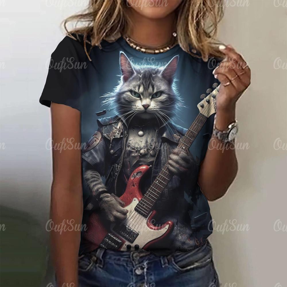 Letní dámské tričko s potiskem Rock Cat s krátkým rukávem, dámské tričko, hip hopová móda, pár, volné, streetový styl, Y2k topy, oblečení